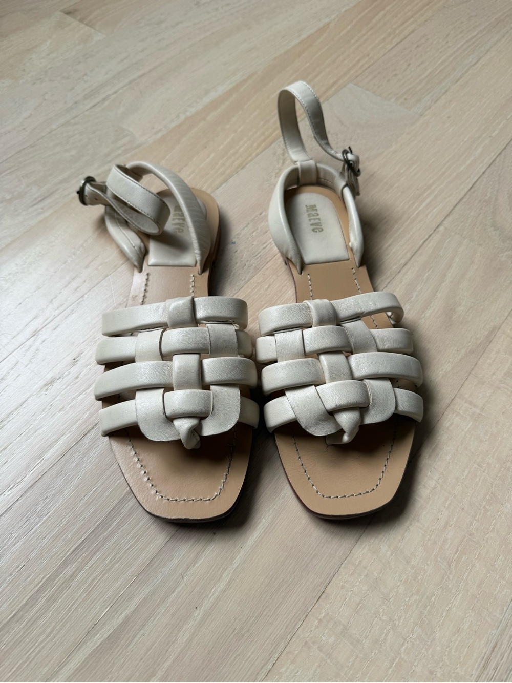 Maeve by Anthropologie Woven Strappy Flat Sandals Ivory Leather Ankle Strap